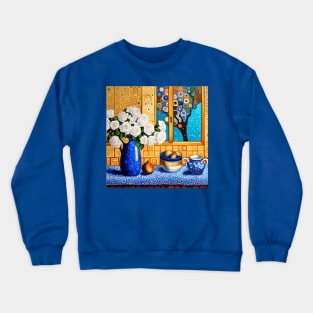 White Roses in a Blue Vase Modern Still Life Painting After Klimt Crewneck Sweatshirt